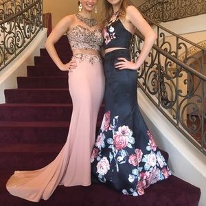 Navy Blue Two Piece Floral Prom Dress